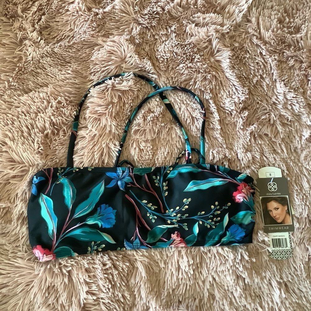Nwt daisy fuentes bandeau black floral bikini top size 10